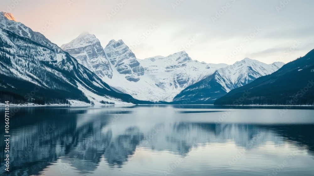 A serene mountain landscape with a crystal clear lake reflecting the snowy peaks above, peaceful, solitude A serene mountain landscape with a crystal clear lake reflecting the snowy peaks above, peaceful, solitude