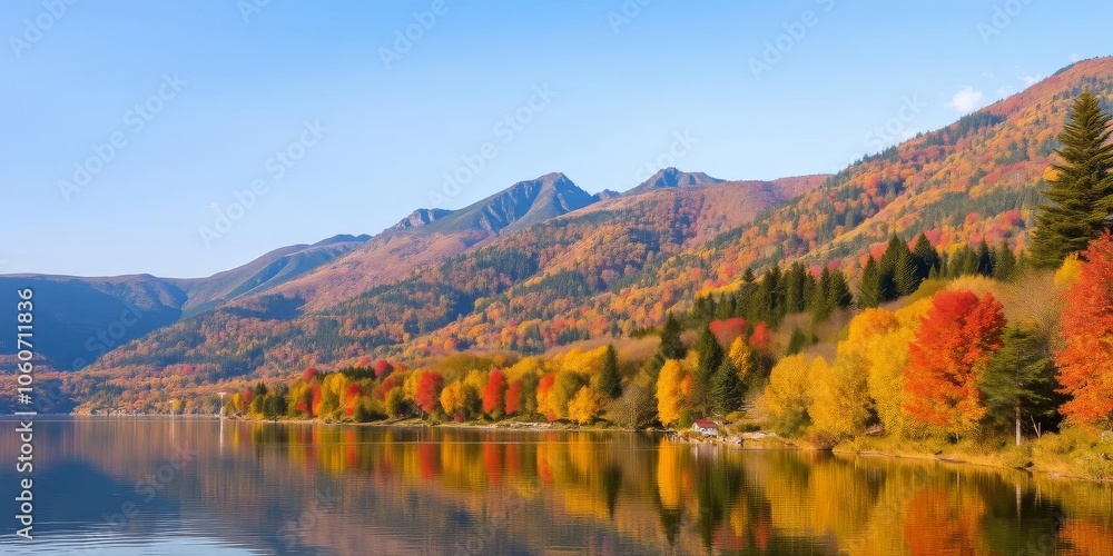 A serene mountain landscape with a tranquil lake reflecting the vibrant colors of autumn, scenic view, nature A serene mountain landscape with a tranquil lake reflecting the vibrant colors of autumn, scenic view, nature