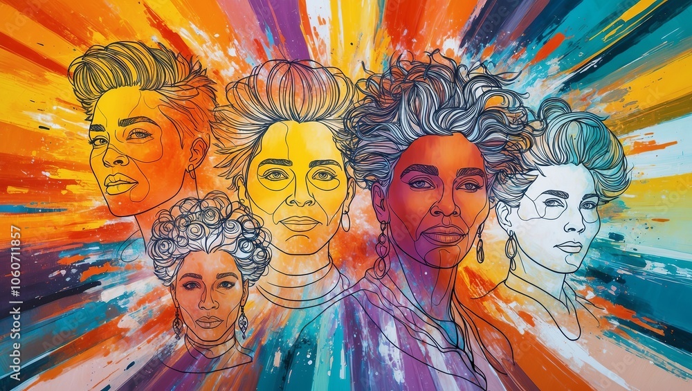Obraz premium Contemporary line art portraits with colorful abstract backgrounds. Created with generative AI technology