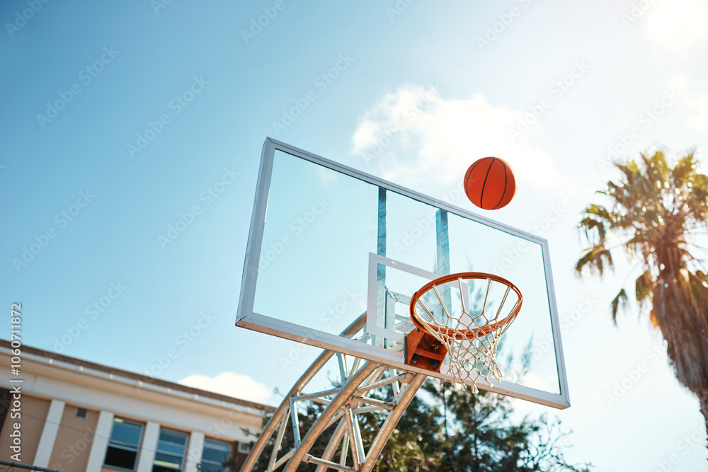 Above, basketball court and wellness with fitness, training and practice for game, cardio and hobby. Outdoor, blue sky and playing with recreation, exercise and workout with energy, empty and Miami Above, basketball court and wellness with fitness, training and practice for game, cardio and hobby. Outdoor, blue sky and playing with recreation, exercise and workout with energy, empty and Miami