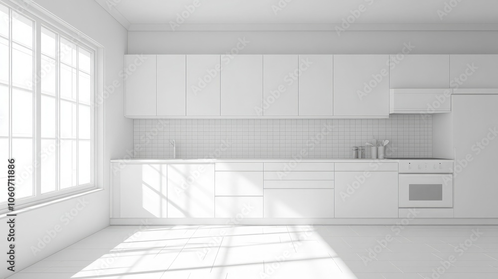 Fototapeta premium A modern kitchen with white cabinets and a large window letting in natural light.