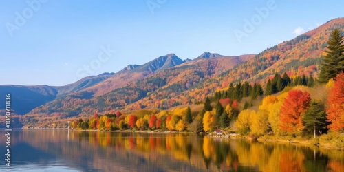 A serene mountain landscape with a tranquil lake reflecting the vibrant colors of autumn, scenic view, nature