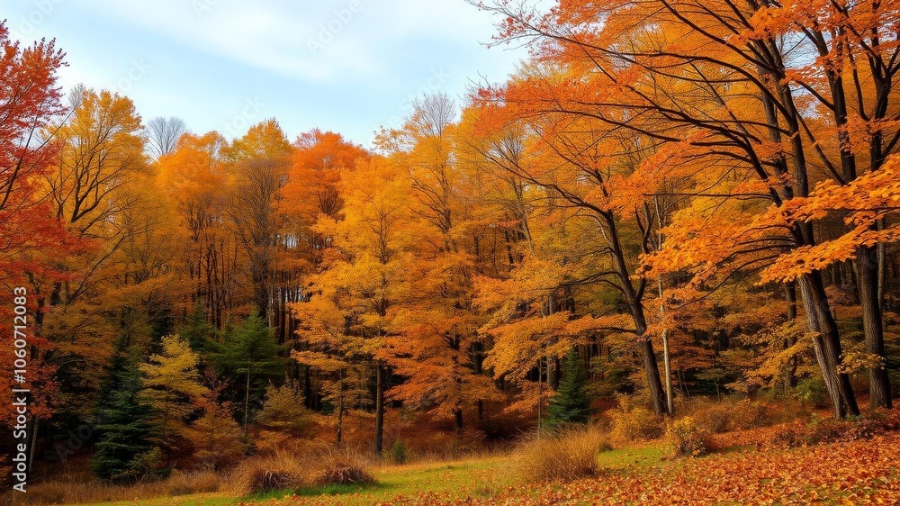 Obraz premium A serene landscape of colorful autumn leaves covering the ground in a forest setting, serene, autumn