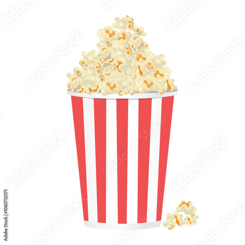 Popcorn bucket full of popcorn in red and white paper container on white background. Popcorn tub vector. Paper bag full of popcorn. Cinema, Movie concept element design.
