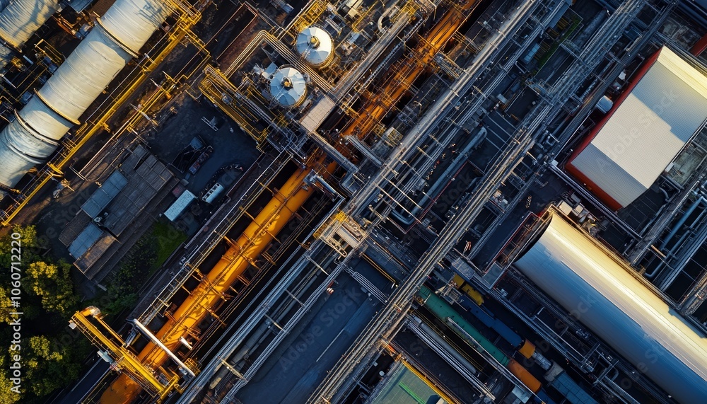 Fototapeta premium View of the Industrial Infrastructure with Pipes Complex Network