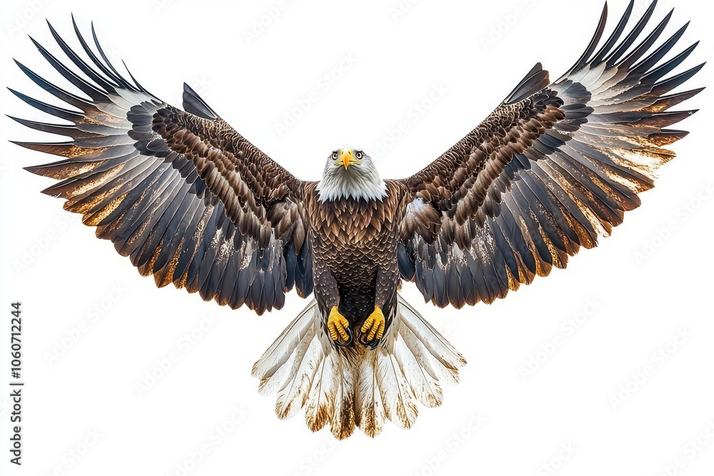 clipart of a majestic bald eagle soaring gracefully against a clean white background wings extended wide symbolizing freedom and strength with detailed feather rendering to enhance realism clipart of a majestic bald eagle soaring gracefully against a clean white background wings extended wide symbolizing freedom and strength with detailed feather rendering to enhance realism