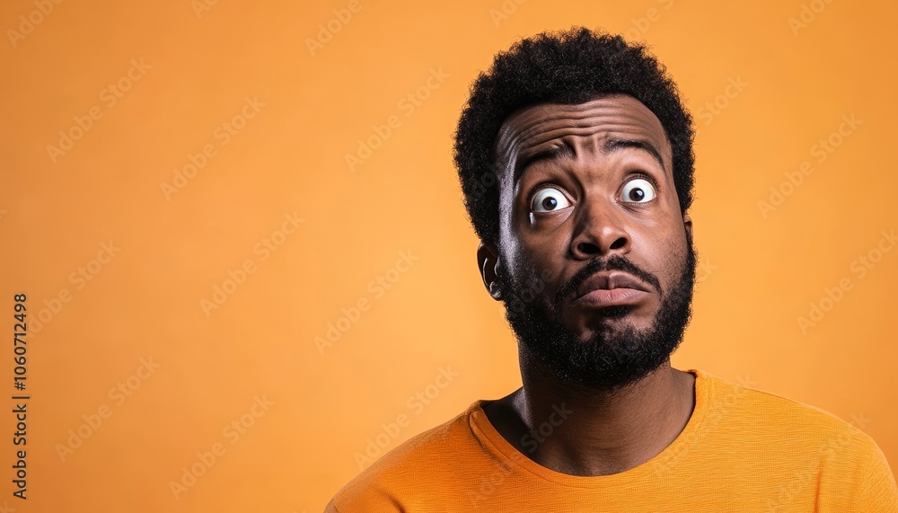 Fototapeta premium Portrait of a Confused Man with Surprised Expression Against Orange Background