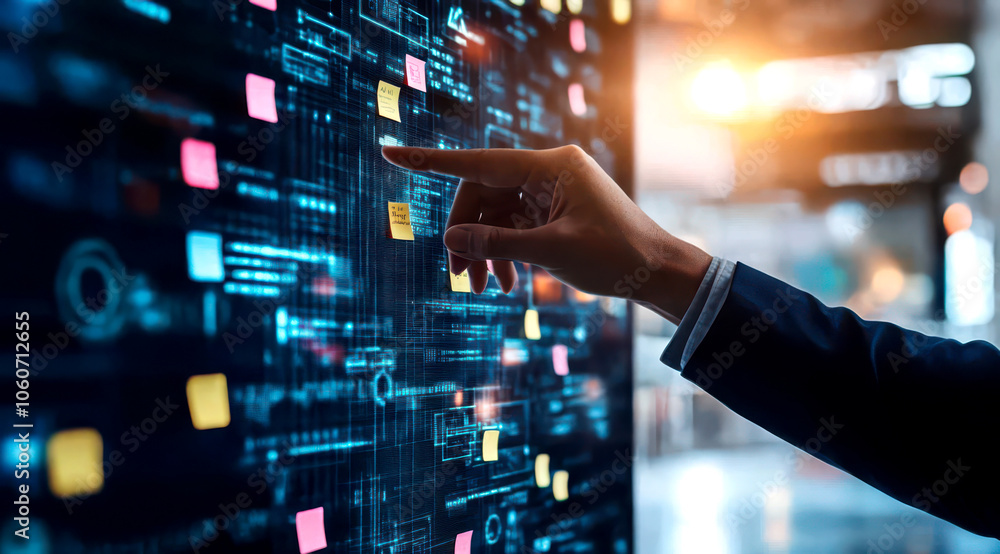 Hand reaches out to touch a digital screen displaying data and code, highlighting the concept of digital innovation and technology. Hand reaches out to touch a digital screen displaying data and code, highlighting the concept of digital innovation and technology.