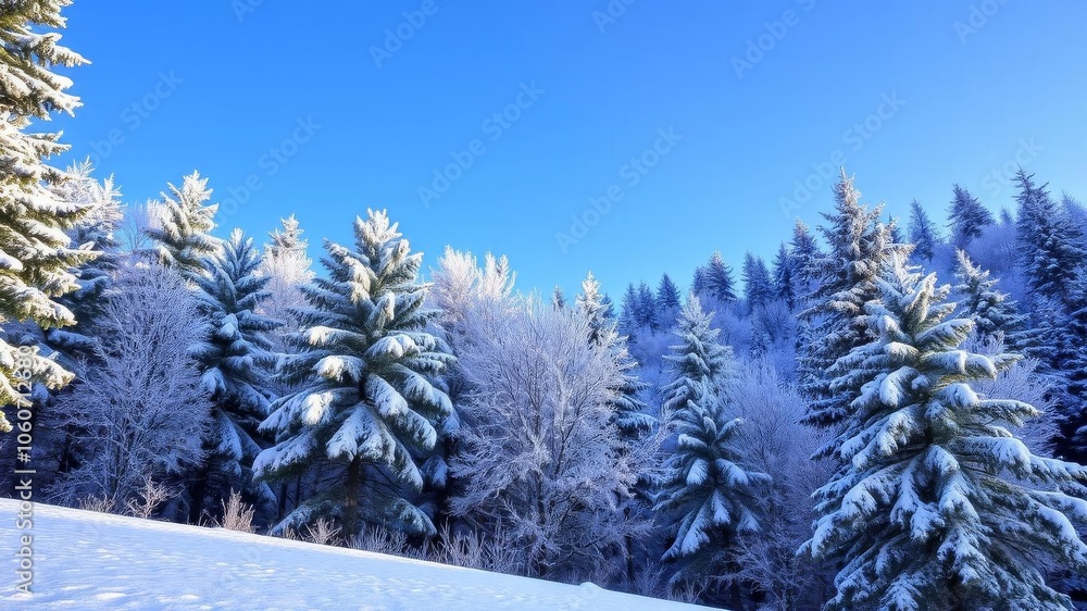 A serene landscape covered in a blanket of fresh snow, with tall pine trees and a clear blue sky above, icy, scenery A serene landscape covered in a blanket of fresh snow, with tall pine trees and a clear blue sky above, icy, scenery