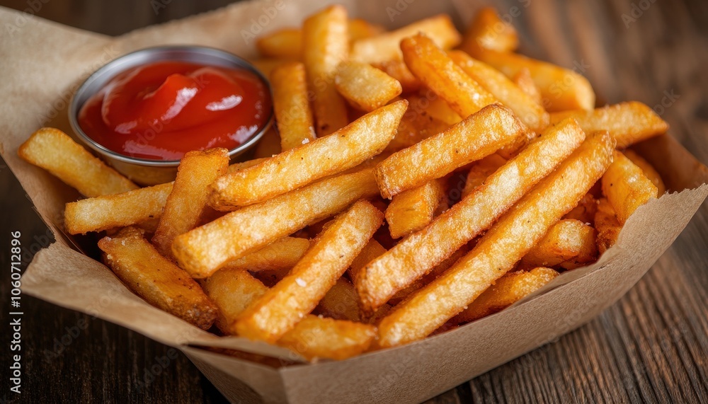 Crispy golden French fries served with a side of ketchup in a dish Crispy golden French fries served with a side of ketchup in a dish