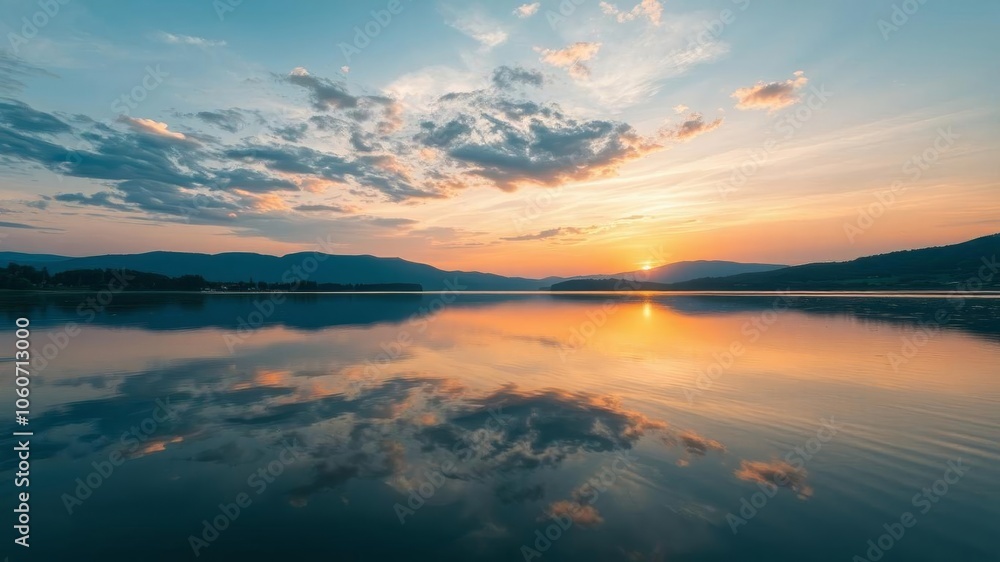 A serene lake shimmering under the soft light of the setting sun, reflecting the vibrant colors of the surrounding lush forest and distant mountains, peaceful, outdoors A serene lake shimmering under the soft light of the setting sun, reflecting the vibrant colors of the surrounding lush forest and distant mountains, peaceful, outdoors