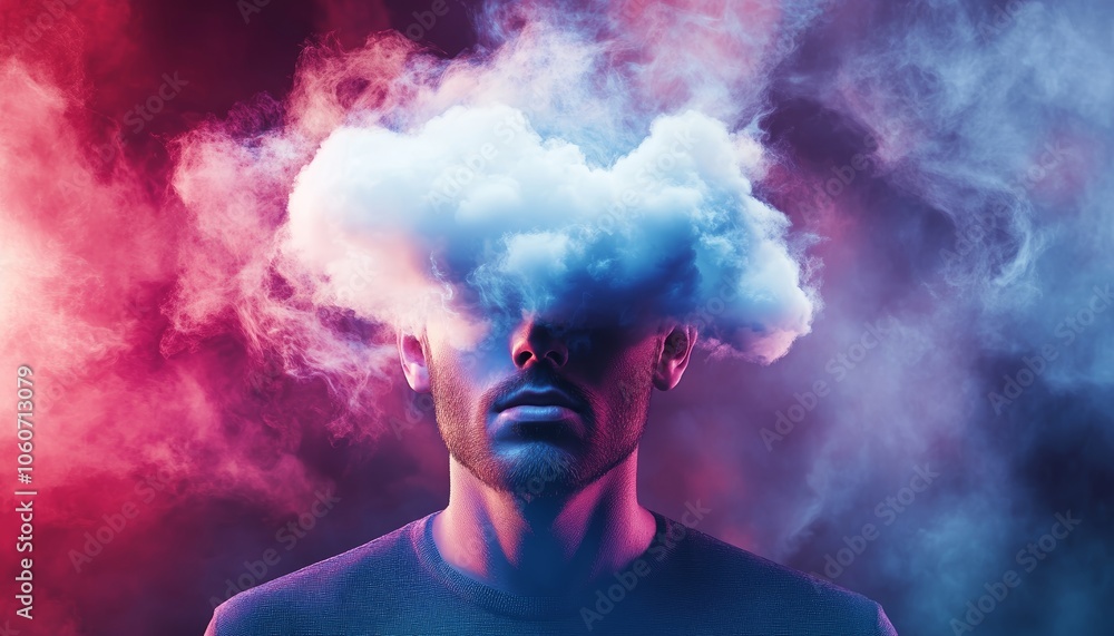 Man with White Cloud Instead of Head Surrounded by Bright Lights Man with White Cloud Instead of Head Surrounded by Bright Lights