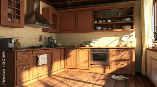 Wallpaper Mural A bright and airy kitchen with wooden cabinets, a stainless steel range hood, and warm sunlight streaming in. Torontodigital.ca