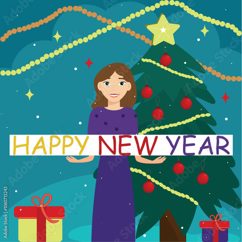 A girl with long brown hair decorates a Christmas  AND HAPPY NEW YEAR tree with red, yellow, and blue ornaments. 