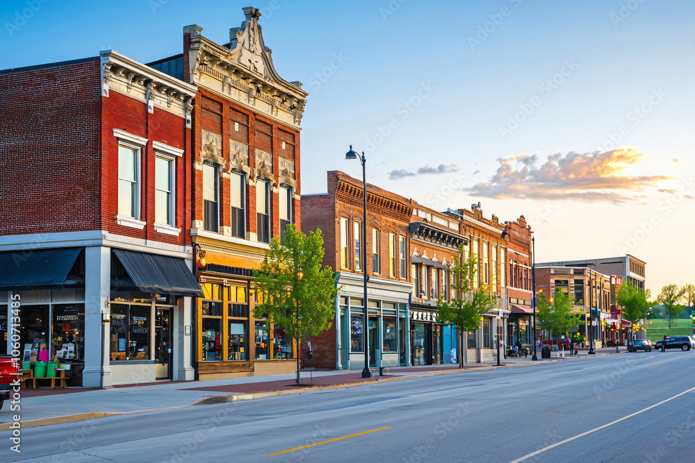 vibrant downtown district, soft evening light on buildings vibrant downtown district, soft evening light on buildings