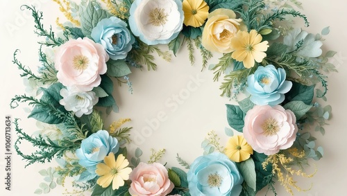 Wallpaper Mural Floral wreath with watercolor flowers and lush greenery. Created with generative AI technology Torontodigital.ca