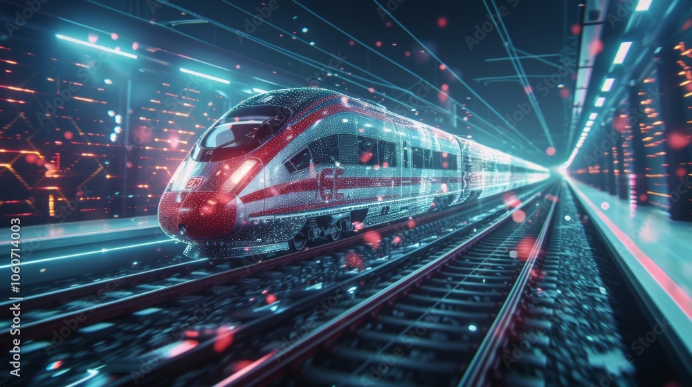 Digitally rendered high speed train is departing a modern station, showcasing advanced technology and the future of transportation with glowing lights and digital particles Digitally rendered high speed train is departing a modern station, showcasing advanced technology and the future of transportation with glowing lights and digital particles
