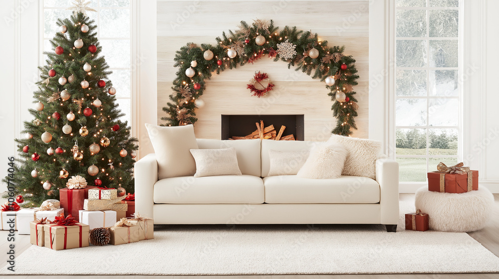 Christmas living room scene with a soft off-white sofa. In the background, a warmly lit Christmas tree glows, decorated with red, gold, and pastel ornaments. Christmas living room scene with a soft off-white sofa. In the background, a warmly lit Christmas tree glows, decorated with red, gold, and pastel ornaments.