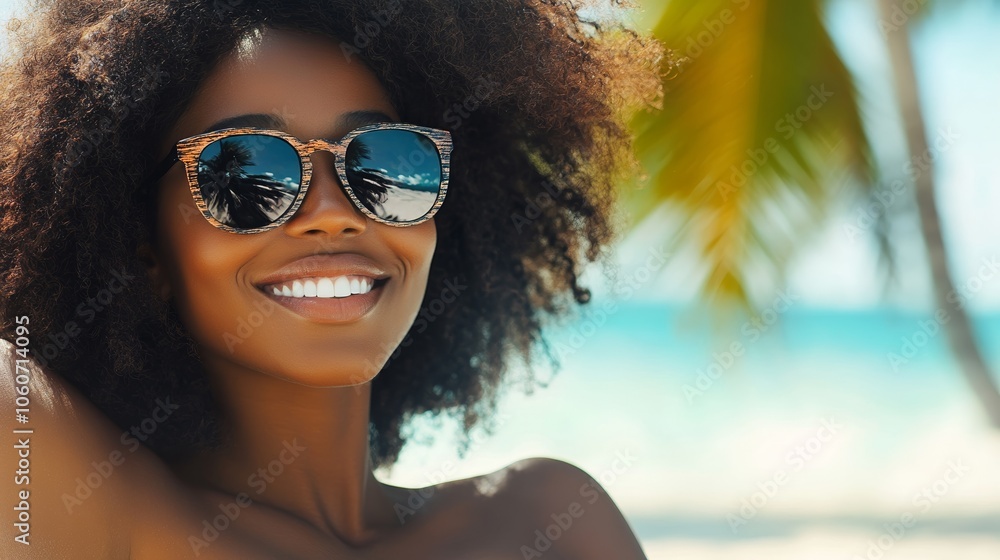 Happy Black Woman in Stylish Sunglasses Smiling Outdoors with Blue Sky and Palm Trees in Background