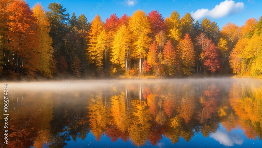 Golden autumn forest scene with vibrant orange, red, and yellow leaves reflecting on a lake. Created with generative AI technology Golden autumn forest scene with vibrant orange, red, and yellow leaves reflecting on a lake. Created with generative AI technology