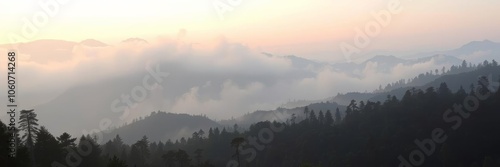 A serene and ethereal foggy landscape with trees and mountains, atmosphere, nature