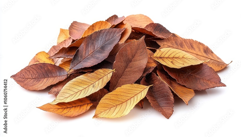 A vibrant pile of autumn leaves in warm hues on a white background A vibrant pile of autumn leaves in warm hues on a white background