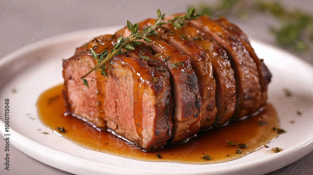 Sliced roasted beef with thyme and gravy on white plate Sliced roasted beef with thyme and gravy on white plate