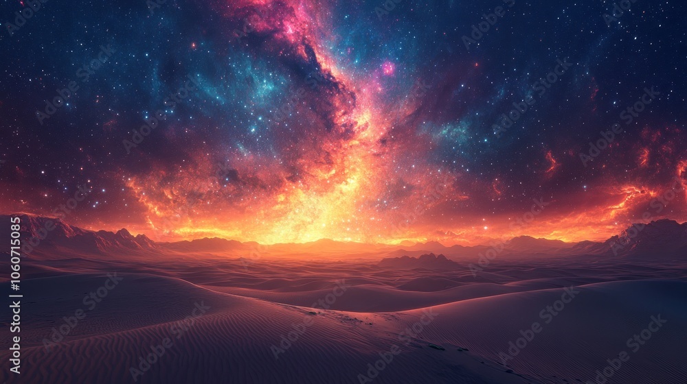 A vibrant, colorful nebula fills the sky above a vast desert landscape with white sand dunes under a starry night sky. A vibrant, colorful nebula fills the sky above a vast desert landscape with white sand dunes under a starry night sky.