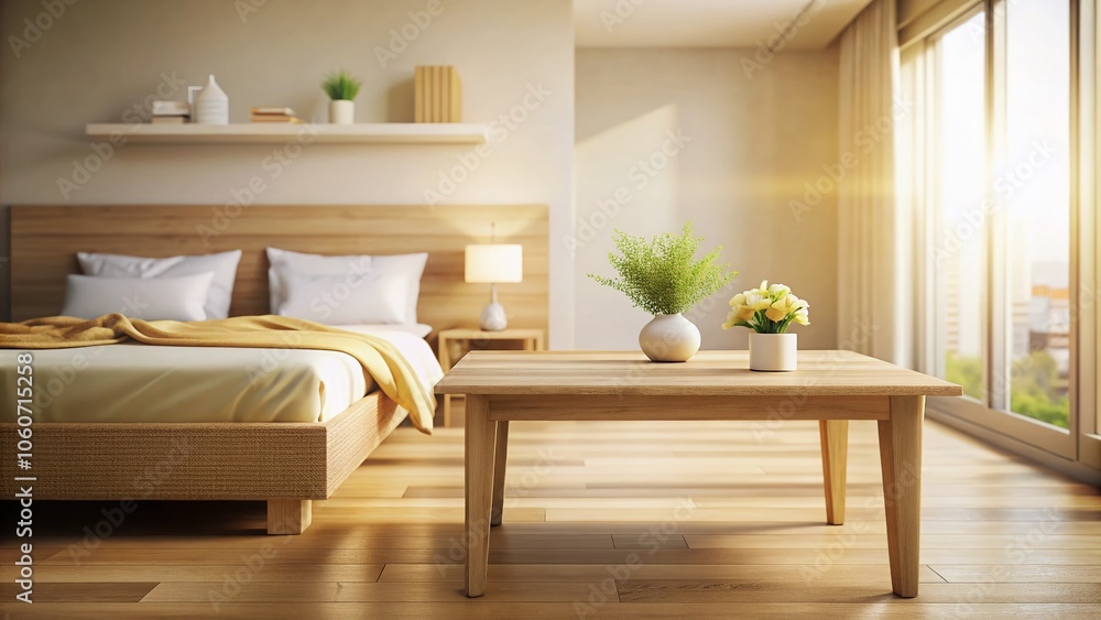 Fototapeta premium Serene Light Wood Table in Blurred Bedroom Setting with Soft Natural Light, Minimalist Decor, Cozy Atmosphere, and Inviting Ambiance for Relaxation and Inspiration