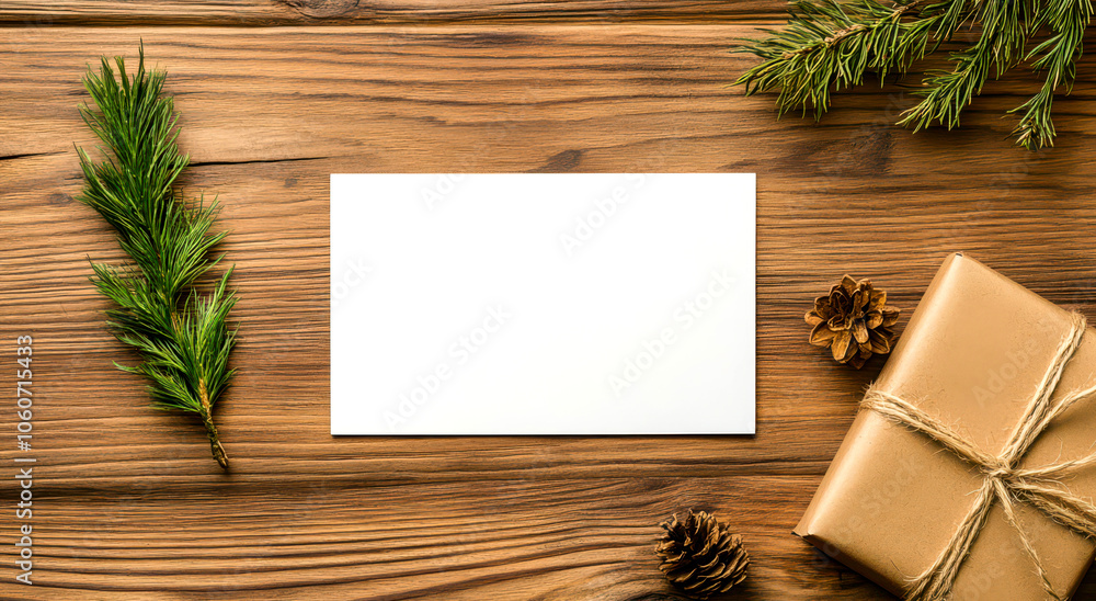 Blank white card on rustic wood with pine sprigs, gift box and pine cones. Perfect for holiday greeting or message, mockup concept Blank white card on rustic wood with pine sprigs, gift box and pine cones. Perfect for holiday greeting or message, mockup concept