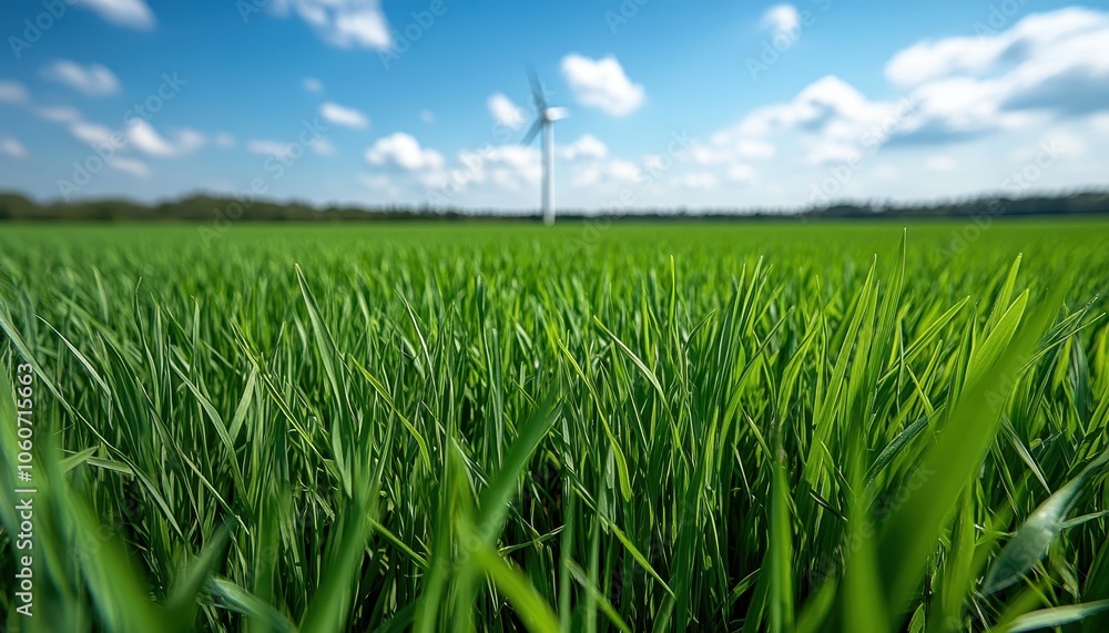Wind turbine stands tall over a lush green grass field promoting sustainable energy Wind turbine stands tall over a lush green grass field promoting sustainable energy