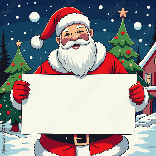 A jolly Santa Claus holding a blank sign in front of a Christmas tree and snowy background with stars. Santa clause vector illustration