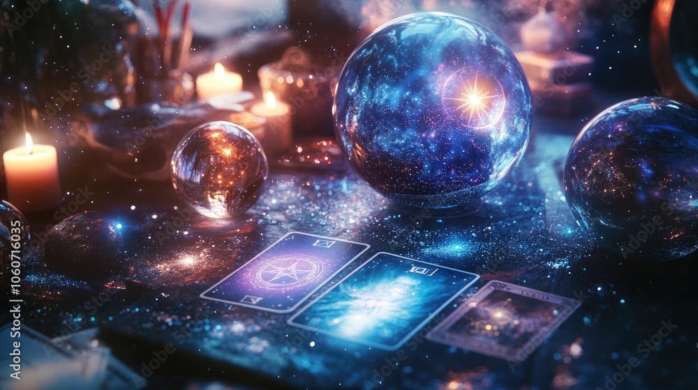 Psychic elements such as crystal balls, tarot cards, and astrological symbols glowing in an ethereal, starry setting. Psychic elements such as crystal balls, tarot cards, and astrological symbols glowing in an ethereal, starry setting.