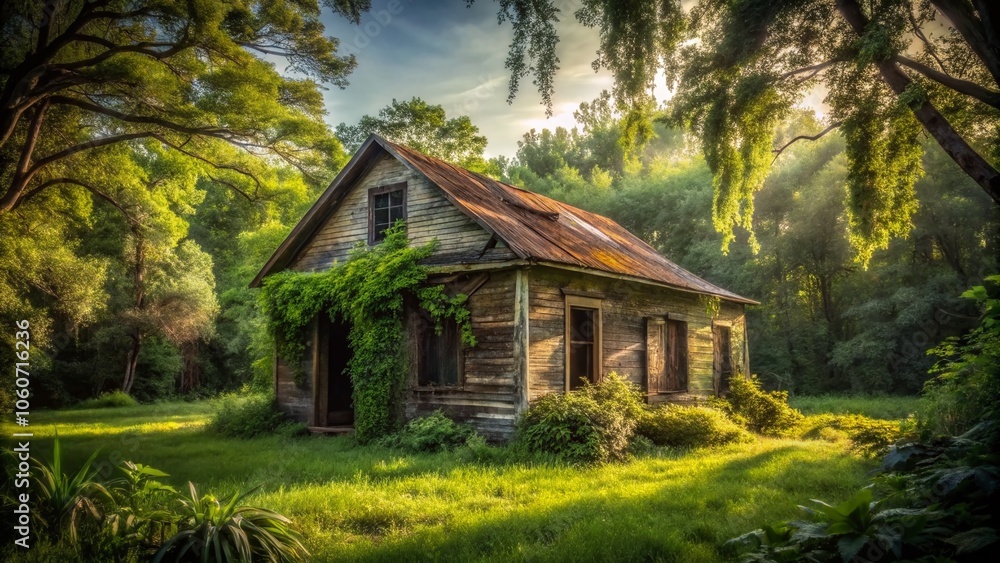 Serene Minimalist Photography of an Abandoned Old House Surrounded by Lush Greenery in a Tranquil Park Setting, Capturing the Beauty of Nature and Decay in a Peaceful Atmosphere Serene Minimalist Photography of an Abandoned Old House Surrounded by Lush Greenery in a Tranquil Park Setting, Capturing the Beauty of Nature and Decay in a Peaceful Atmosphere