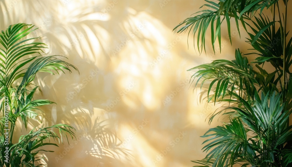 Obraz premium Minimalist summer interior featuring sunlight-drenched plants casting long shadows