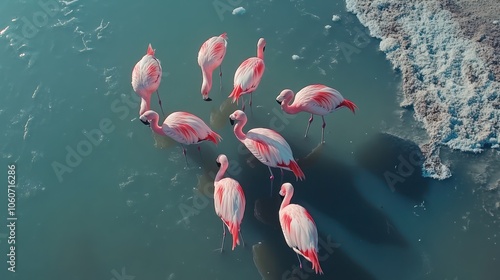 Group of flamingos are swimming in a body of water