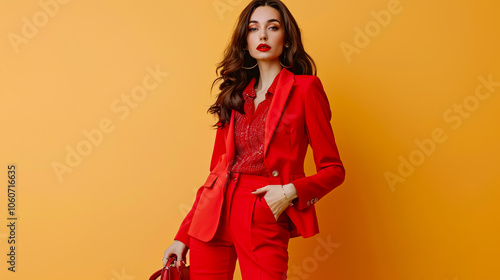 Red Dress Suit: Young businesswoman with brunette hair and evening makeup, wearing a red dress suit with blouse and pants, paired with high heels. Suitable for meetings