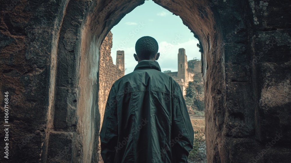 Ethiopian man poses near ancient archway Ethiopian man poses near ancient archway