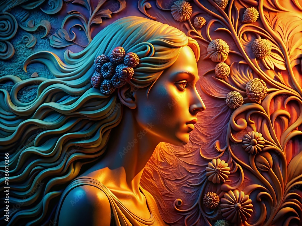 Serene Profile Relief Sculpture with Flowing Hair and Vibrant Artistic Textures and Patterns
