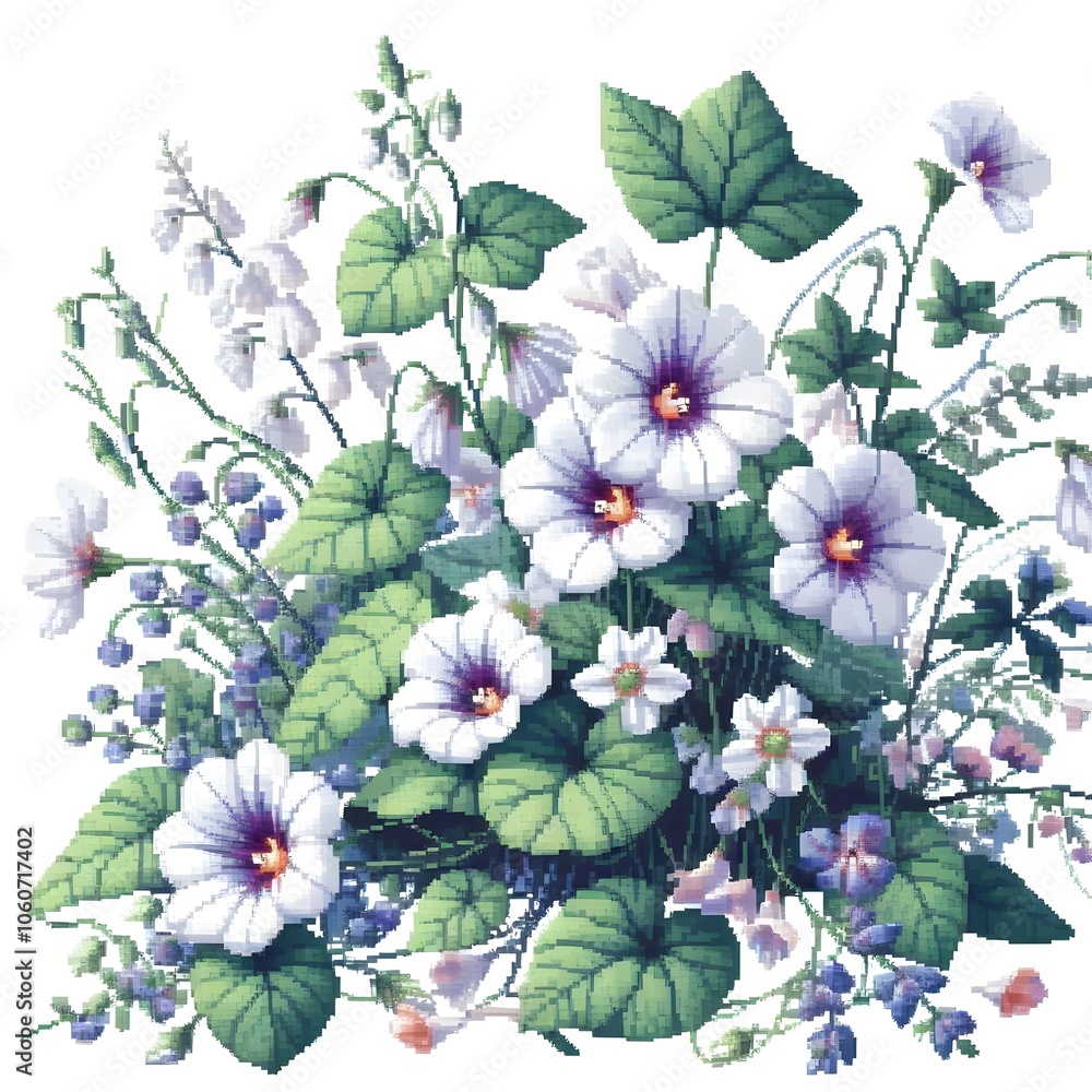 Obraz premium 흰 배경, 나팔꽃, 픽셀아트 (white background, Lobedleaf pharbitis, pixel art)