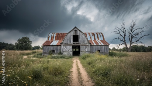 Rustic farmhouse landscape with an old barn under a cloudy sky. Created with generative AI technology