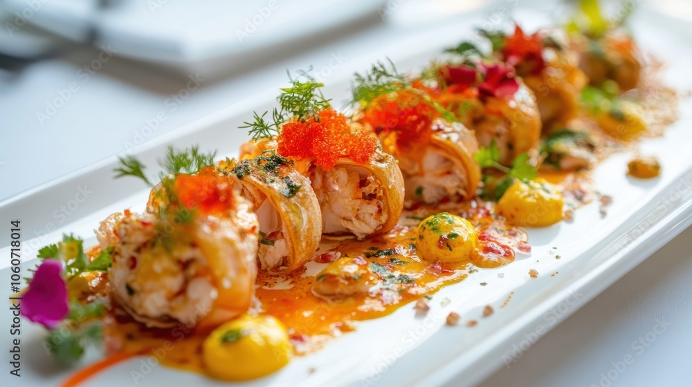 exquisite crab dishes, showcasing vibrant colors and artistic garnishes, capturing the elegance and appeal of seafood cuisine in a fine dining setting. exquisite crab dishes, showcasing vibrant colors and artistic garnishes, capturing the elegance and appeal of seafood cuisine in a fine dining setting.