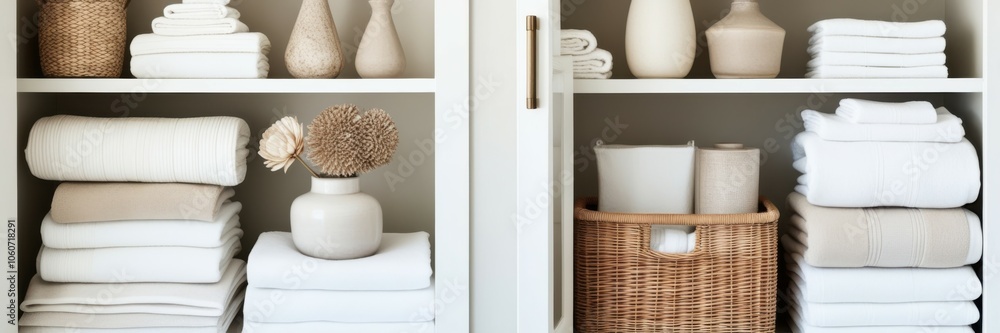 Organized linen closet, white towels, woven baskets, wooden shelves, minimalist storage, neutral color palette, clean aesthetic, bathroom essentials, folded linens, tidy arrangement, home organization Organized linen closet, white towels, woven baskets, wooden shelves, minimalist storage, neutral color palette, clean aesthetic, bathroom essentials, folded linens, tidy arrangement, home organization