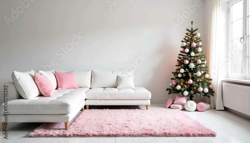 a modern and minimalist living room with white furniture, pink accents, and a large pink and white shag rug on the floor, sofa white, pink pillow, tree christmas