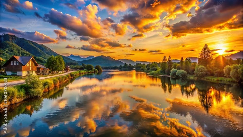 Obraz premium Serene Sunset Over the River with Mountains and Clouds - Architectural Photography of Nature's Beauty at Dusk