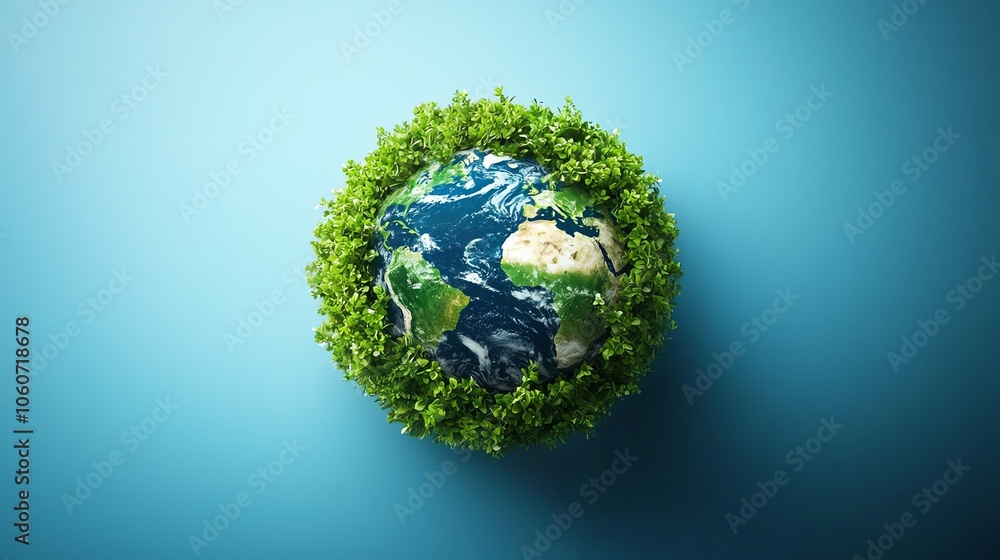 Earth surrounded by green foliage on a blue background, symbolizing environmental conservation. Earth surrounded by green foliage on a blue background, symbolizing environmental conservation.