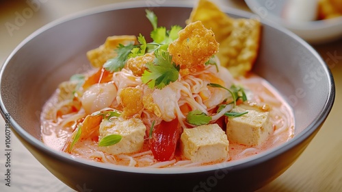 yen ta fo, featuring noodles in a pink sauce, topped with fresh herbs, tofu, crispy wontons, and seafood, capturing the bright, appetizing colors and delicious appeal of this unique Thai dish.