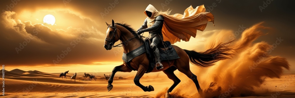 Fototapeta premium Desert landscape, galloping black horse, cloaked rider, dramatic sunset, swirling sand, golden sky, silhouette, motion blur, epic fantasy scene, desert dunes, intense lighting, cinematic composition, 