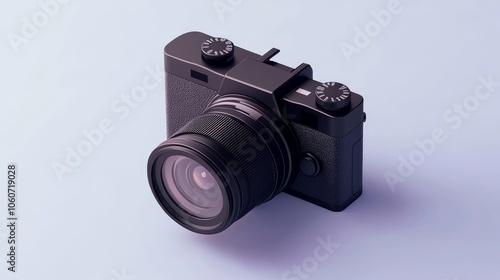 A 3D render of a photo camera icon, representing photography and tech. photo