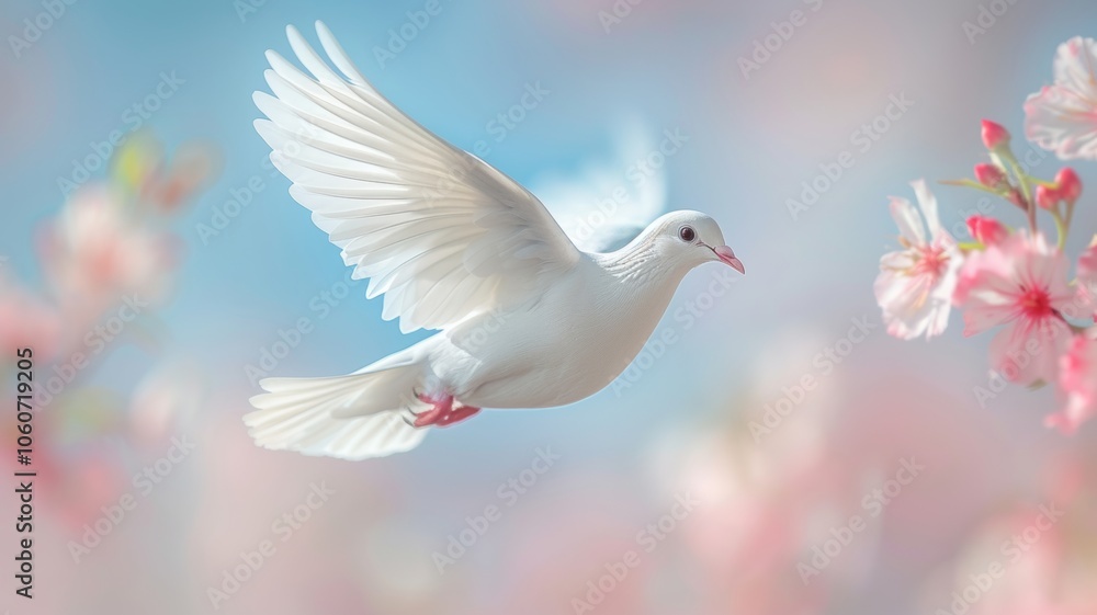 Obraz premium A white dove in flight symbolizes peace against a soft watercolor background adorned with delicate pink cherry blossoms during springtime
